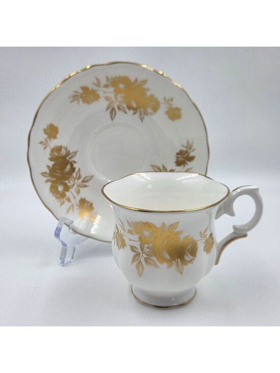 Crown Staffordshire Other - Crown Staffordshire Tea Cups and Saucer Gold Flower on White Bone China